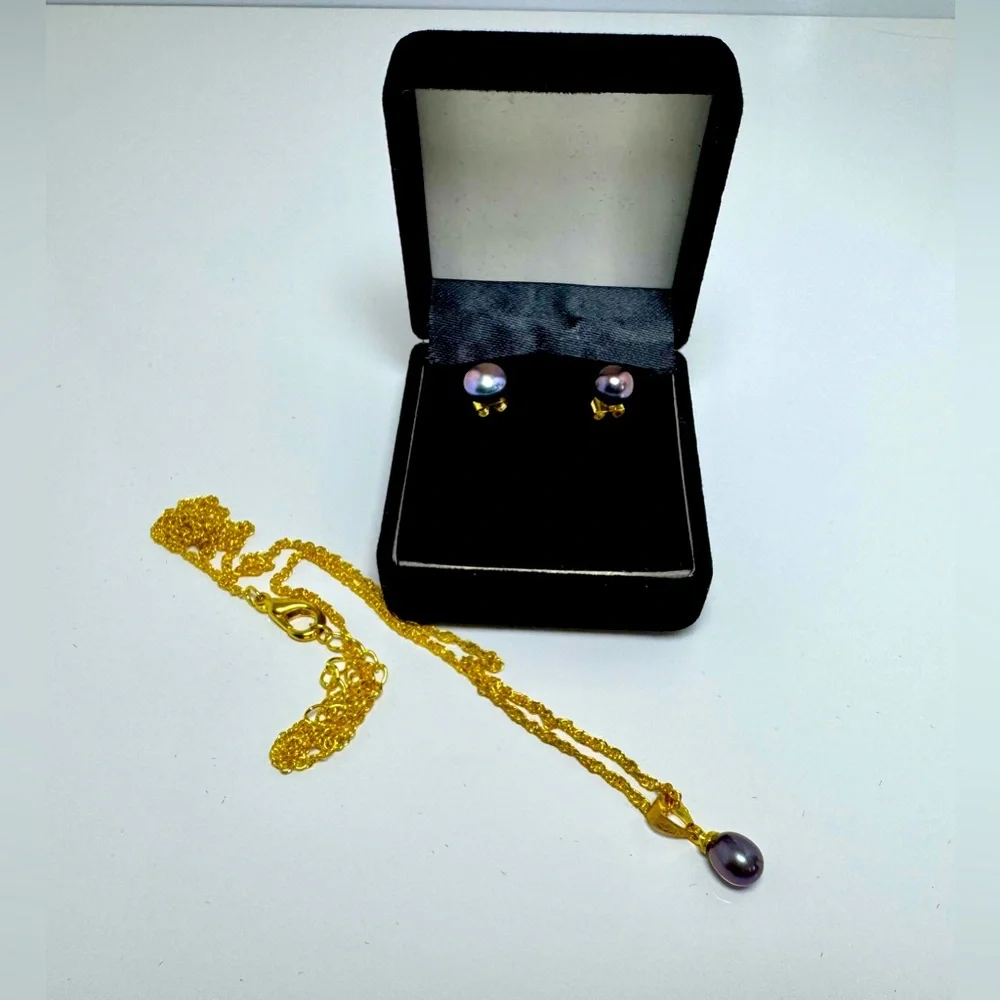 18K Gold-plated & Purple Pearl Necklace with Matching Stud Earrings #1054